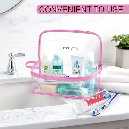Image of Storite Set of 4 PVC Travel Pouch Multipurpose Waterproof Cosmetic & Toiletry Bags with Zipper for Makeup, Stationery & Accessories - Transparent Pink