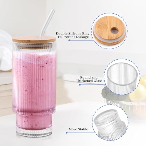 Image of Kamvy Ribbed Glass Tumbler with Wooden Lid & Straw Pack of 1, 400ml Multipurpose Drinking Water Glasses Coffee Sipper Mugs for Juice Smoothies Iced Tea Indoor & Outdoor Cup (Ribbed.)