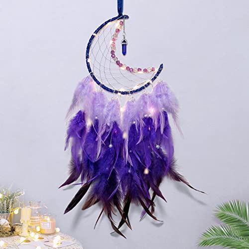 Moon Dream Catcher with Fairy Lights Indian Dreamcatcher Kids Bedroom Accessories Purple Feather Lucky Turquoise Pendant Wall Hanging Decoration for Home Bedroom