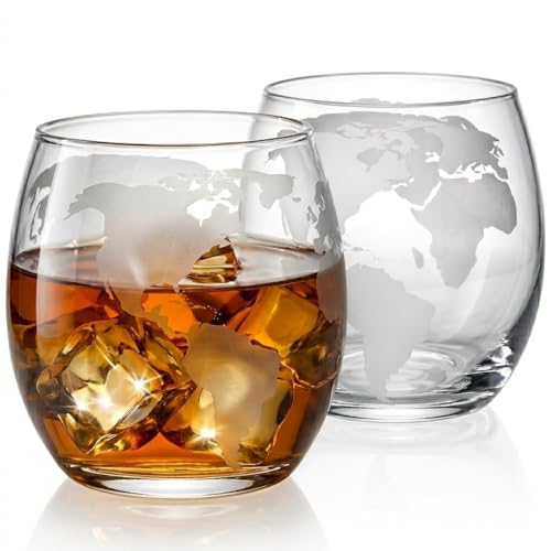 Homoyoyo Set of 2 Globe Glass Whiskey Tumblers,Drinking Cups World Whiskey Glasses Etched Globe Novelty World Map Cocktail Cups Map Wine Glasses - Transparent Drink Rum Rocks Glass Glassware 3.34 In
