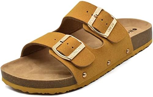 ONCAI Womens Comfortable Sandals Knock Off Clogs Sandals Women Dressy Summer Flat with Arch Support Two Strap Slip On Adjustable Buckle Slides Shoes for Women Yellow Size 8.5