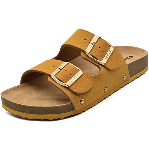 Oncai Womens Comfortable Sandals Knock Off Clogs Sandals Women Dressy Summer Flat With Arch Support Two Strap Slip On Adjustable Buckle Slides Shoes For Women Yellow Size 8.5 #TOP6