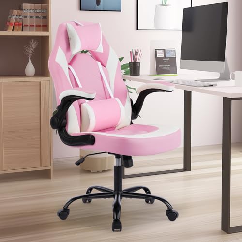 Image of Sweetcrispy Ergonomic Gaming Desk Chair - Computer Video with Comfy Lumbar Support and headrest, PU Leather with Flip-up Arms, Adjustable Height and Swivel Wheels, Home and Office, Pink