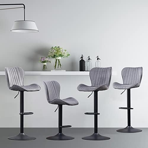 AINPECCA Set of 2 Bar Stools with Metal Footrest,Breakfast Barstools Padded Backrest in Velvet, 360° Swivel Grey Kitchen Barstools,Height Adjustable Bar Stools, Cushioned Barstools for Living Room