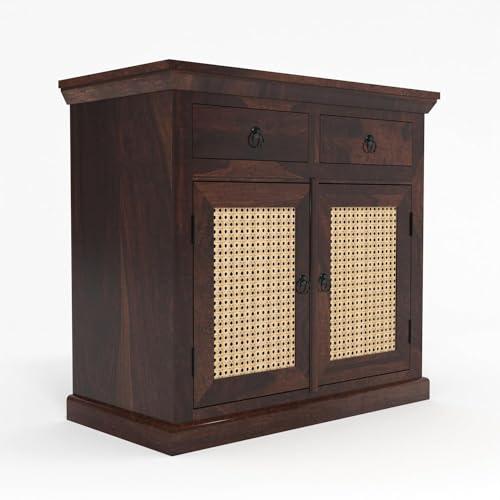 Image of Small Wooden Cabinet for Living /Dining /Drawing /Bedroom & Office with 2 Drawers & Doors | Solid Wood Sheesham | Walnut Finish | Design - Cane