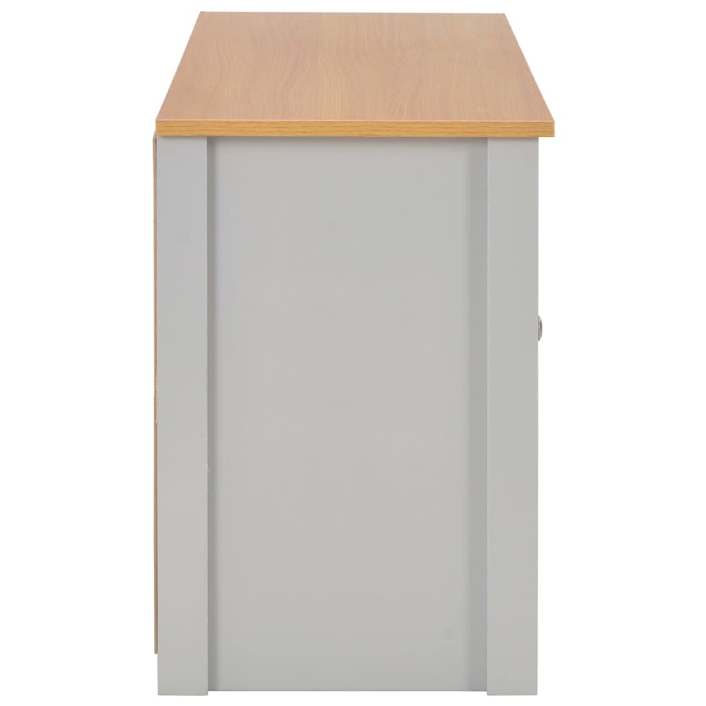 Szafka pod telewizor szara, imitacja naturalnego drewna, 120 x 39 x 58 cm, niska szafka z 2 drzwiami i 2 otwartymi półkami, meble multimedialne do salonu, kina domowego, przepust kablowy