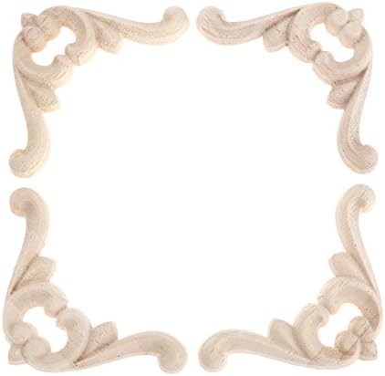 MUXSAM 4Pcs Wood Carved Decal & Appliques for Furniture, 2.36" x 2.36"(6x6cm) Decorative Mouldings Handmade Unpainted Frame Decal for Wall Cabinet Door Bed Dresser Mirror Decor Craft