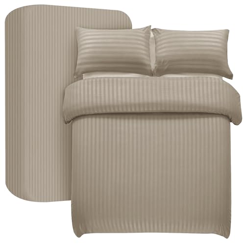 My home store Beige Double Duvet Cover Set 4 Pcs Satin Stripe Duvet Covers Soft Brushed Microfiber Bedding Set with Fitted Sheet 30 CM Deep & 2 Pillowcases