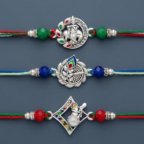 Image of CraftVatika Set of 3 Silver Rakhi for Brothers with Gift, Designer Premium Silver Krishna Rakhi Gift for Brothers Raksha Bandhan Gift, Fridge Magnet Gift for Boy Men, Best Wishes Card and Tillak Set