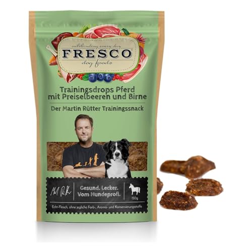 Fresco Martin Rütter Trainingsdrops Pferd mit Preiselbeeren und Birne | 4er Pack | 4 x 150 g | Natürlicher Monoproteinsnack für Hunde | Getreidefreie Rezeptur