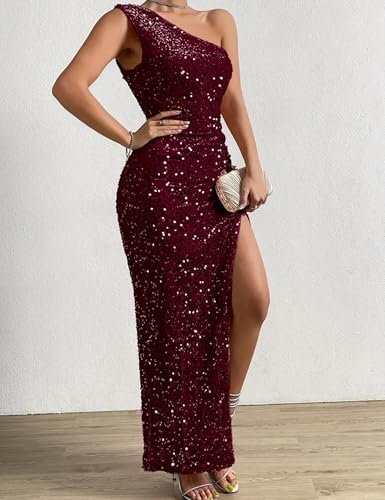 Womens Sequin One Shoulder Sleeveless Wedding Guest Dresses High Split Sparkly Glitter Gowns Bodycon Maxi Dresses3