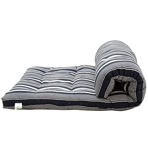 Image of NEXTGO Mattress Double Bed Size 3 X 6 Feet | Soft White Cotton Fibre Foldable Floor Mattress with 1 Filled Pillow | Guest, Travel, Bachelor, PG, Hostel Use Tufted Ruyi Gaddi | Blue White Lining