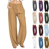ATALRPOU A Yellow Plus Size Linen Pants for Women Straight Leg Loose Fit Wide Leg Lounge Pants Airport Outfits for Women 2026 Fashion Work Clothes Pantalon Palazzo para Mujer