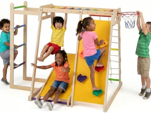Costzon Indoor Playground, 6-in-1 Kids Montessori Jungle Gym with Baby Slide, Rock Climbing Wall, Basketball Hoop, Monkey Bar, Rope Net, Ladder, Wooden Climber Playset for Kids Gifts (Multicolor)
