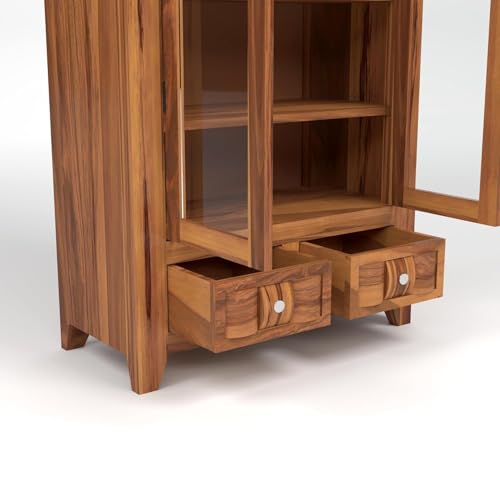 Image of Solid Sheesham Wood Book Cabinet with Acrylic Glass Doors | Rosewood Display Storage Unit with Shelves & Drawers for Home & Office | Louge (A-Honey)