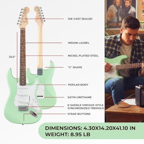 Image of Fender Squier Stratocaster Electric Guitar, Beginner Guitar, with 2-Year Warranty, Includes Free Lessons, Surf Green with Matte Finish