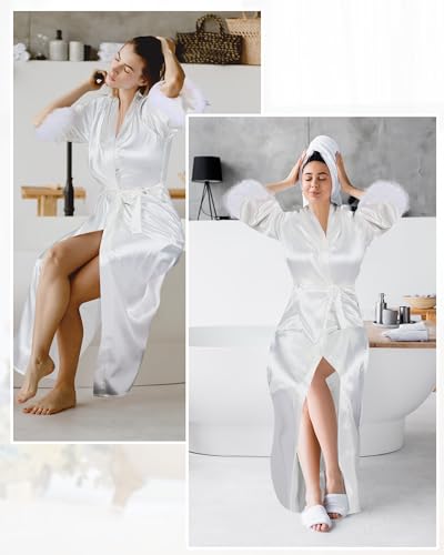 Bride Satin Feather Robe Women Silk Kimono Robe with Ostrich Feather Trim Bridal Sleepwear for Wedding Party4