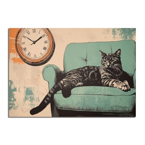 Lienzo decorativo para pared de baño de animal atigrado en sofá, cuadro turquesa de 40x60 cm