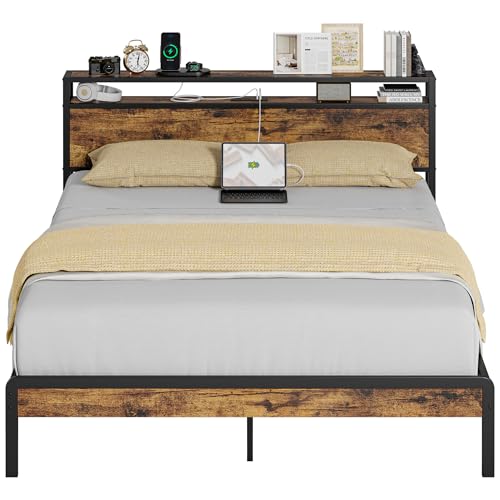 IRONCKBed Frame,Platform Bed with 2-Tier Storage Headboard and Power Outlets, USB Ports Charging Station, Sturdy and No Noise, No Box Spring Needed, Easy Assembly, Queen Size, Vintage Brown