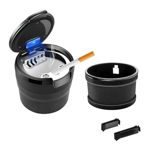 ZNDAW Cenicero de coche con tapa, cenicero desmontable automático sin humo con luz LED azul, cenicero portátil para portavasos de vehículo y ventilación de aire en la oficina en casa, accesorios