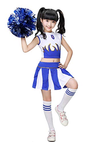 LOLANTA Girls Cheerleader Costume Cheerleading Children Dress Outfit Uniform with PomPoms(Blue, 5-6 years, Tag Size 120) - Image 2