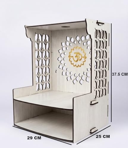 Image of Beautiful White Wooden Pooja Stand for Home, Temple, Office, Wall Mounted Puja Mandir with LED Spot Light Size (L- 29 CM, W- 25 CM, H - 37.5 CM)