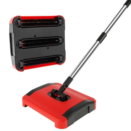 Carpet Floor Sweeper, Manual 3 Rolling Brushes Floor Carpet Brush, Non Electric Quite Rug Roller Brush Push for Cleaning Pet Hair, Loose Debris, Lint