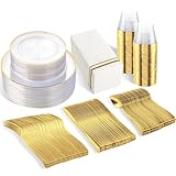 SUT 350Pcs Plastic Dinnerware Set for 50 Guests, Clear and Gold Plastic Plates, Disposable Plates and Napkins Party Supplies, Gold Silverware, Plates, Cups and Napkins Sets for Party Weddings