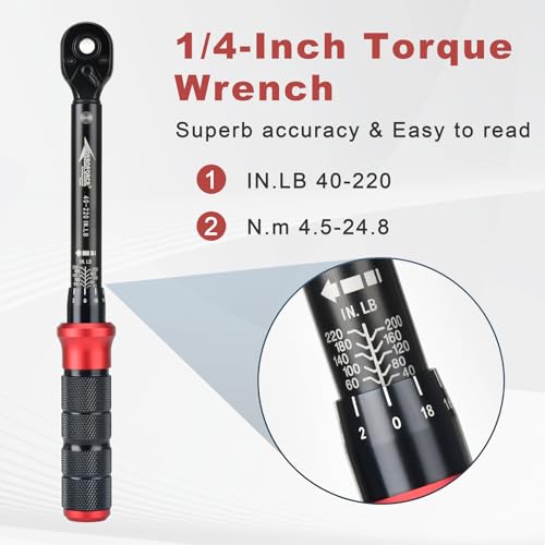 Image of AEROFORCE 1 /4-Inch Drive Click Torque Wrench (40-220 lb.in / 4.5-24.8 Nm),72 Tooth Dual Direction Reversible Ratchet with Dual Range Scales, Precision Calibrated for Bikes & DIY