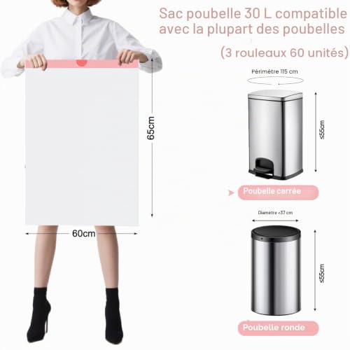 KITBEST 60 Sacs à ordures blancs avec cordon 30L, plastique recyclé – vue 2