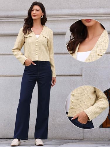 Allegra K Tweed Jacket Women Long Sleeve Button Down Collarless Business Casual Blazer Fall Trendy Cropped Jackets2