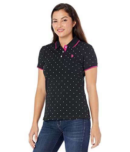 Polo noir US Polo Assn piqué à pois avec col boutonné classique