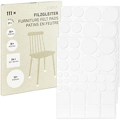 Almohadillas de Fieltro Autoadhesivas Blancas: Juego de 111x Almohadillas Redondas en 5 tamaños - Protectores de Suelo para mesas, sillas y Muebles - Protector de Suelo de Fieltro Adhesivo de LIVAIA