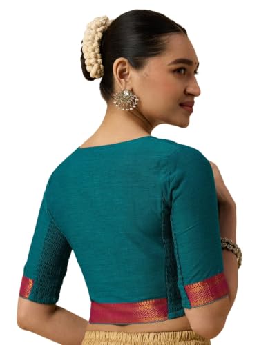 Image of Studio Shringaar Women's Handloom Cotton Stretchable (Smocked) Saree Blouse with Temple Zari Border