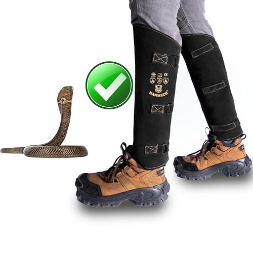 Image of Snake Bite Proof Leather Gaiters 19 inch Long Leg Protection for Snake, Thorns, Brush & Outdoor Hiking | Heavy Duty Black Leather Leg Guards for Jungle, Trekking & Farm Use