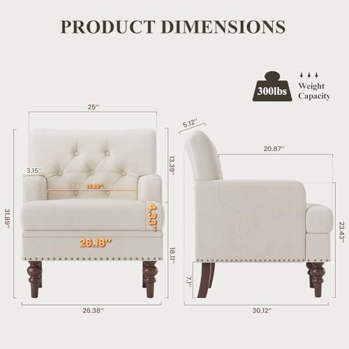 Image of MALOL Upholstered Accent Chair, Mid Century Modern Living Room Bedroom Reading Chair with Thick Cushion & Solid Rubberwood Legs, Comfy Armchair for Small Spaces, Beige