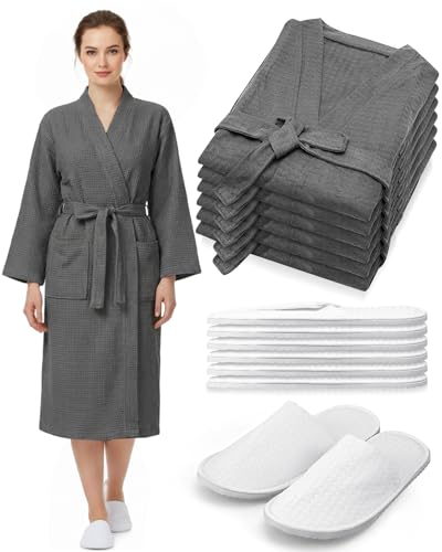 Image of Jecery Waffle Bathrobe and Slippers Bulk Set Spa Robes Hotel Bath Lightweight Thin Commercial Soft for House Shower Party