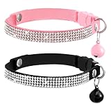 2 Pack Cute Velvet Kitten Collar with Bell, Safety Buckle Rhinestones Bling Cat Collars Breakaway for Boy Girl Cats, Soft Chirstmas Kitty Bells Collar Adjustable from 7.9 to 9.9 Inches(Black/Pink)