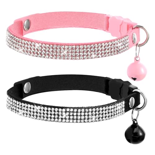 2 Pack Cute Velvet Kitten Collar with Bell, Safety Buckle Rhinestones Bling Cat Collars Breakaway for Boy Girl Cats, Soft Chirstmas Kitty Bells Collar Adjustable from 7.9 to 9.9 Inches(Black/Pink)