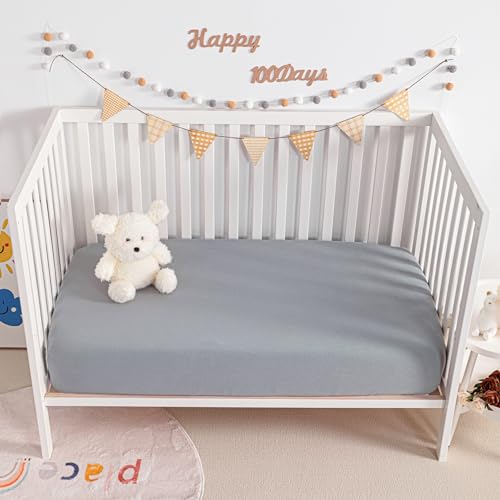 Image of NTBAY 2 Pack Muslin Cotton Crib Sheets, Soft and Breathable Double Layer 28x52 Baby Crib Sheets for Standard Crib and Toddler Mattresses, Boys, Girls, Unisex, Grey, 28x52 Inches