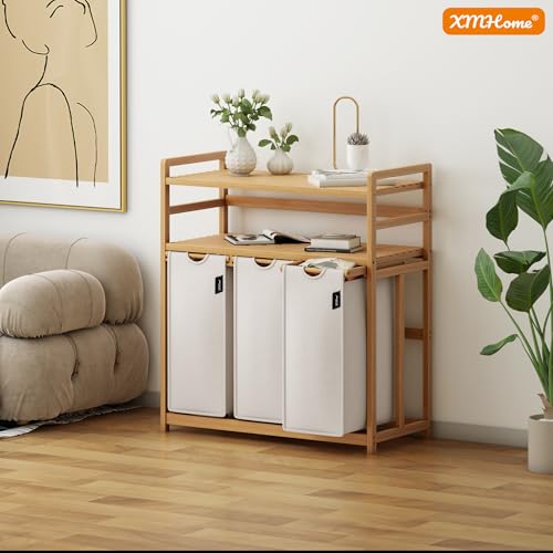 Meuble boîte à linge en bambou durable avec étagères intégrées