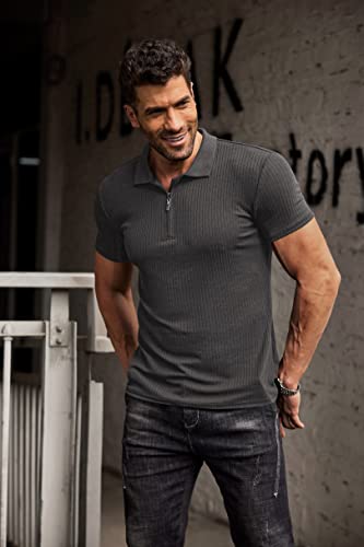 Coofandy Men's Muscle Tee Shirts Strechy Slim Fit Polos Bodybuilding Workout Zipper Shirtstennis T Shirts Dark Grey #TOP1