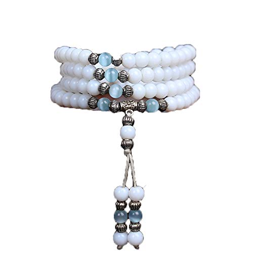 ZHIBO Novas belas 6 mm grãos brancos calcedônia tibetano budista 108 grãos de oração pulseira de abóbora má pulseiras de oração para meditação, Pedra Cristal