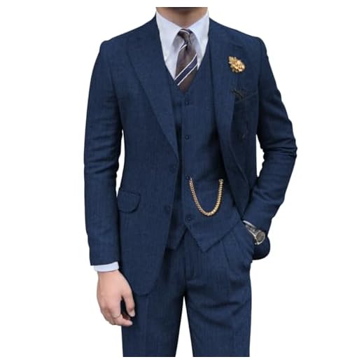 Pyiuhs Retro-Herrenanzug, 3-teilig, Tweed, Fischgrätenmuster, schmale Passform, Anzüge für Bräutigam, Smoking-Set, Balljacke, Blazer, Weste, Hose für Herren, Marineblau, XL