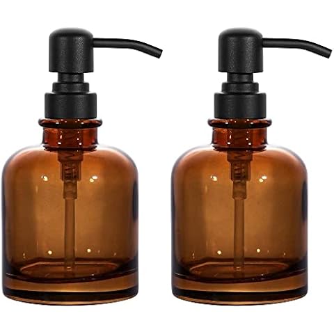 2 PCS Thick Amber Glass Jar Soap Dispenser with Matte Black Stainless Steel Pump, 12ounce Boston Round Bottles Dispenser with Rustproof Pump for Essential Oil (Matte Black) Cover