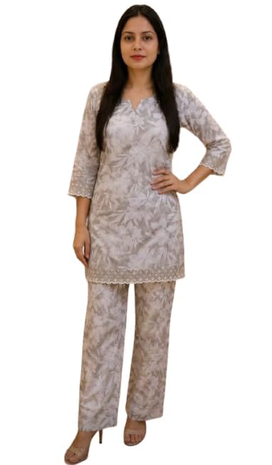 Lee Co-ord Set for Women, Straight Kurta with Matching Palazzo Pants, Ethnic Two-Piece Outfit with Lace Details for Office and Casual in neutral