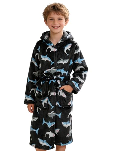 Doctor Unicorn Boys Soft Hooded Bathrobe Kids Warm Gamer Fleece Robe Sleepwear (Black Shark-16 Years)