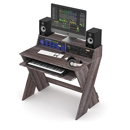 Glorious Sound Desk Compact Walnut - Kompakte Studio-Workstation im smarten Design mit großer Arbeitsfläche, ausziehbarem Keyboard-Fach, 2 x 3-HE-Racks und Kabelkanal im Inneren