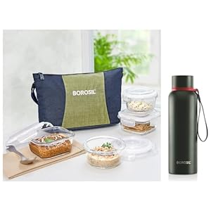 Borosil Ace Daisy Borosilicate Glass Lunch Boxes Set of 4 (320 ml, 240 ml) with Lunch Bag & Borosil – Hydra Trek – Vacuum Insulated Flask Water Bottle, 850 ML, Green