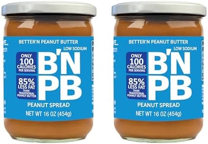 Low Fat and Low-Sodium Peanut Butter Spread by Better’n Peanut Butter, Creamy Low-Calorie Peanut Spread with No Saturated Fat, Gluten Free, Dairy Free, Non GMO, Kosher, Pack of 2, 16 oz. Glass Jars